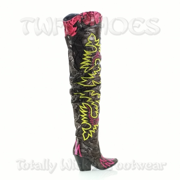 Thigh High Western cowboy slouch boots black neon - Picture 13 of 16